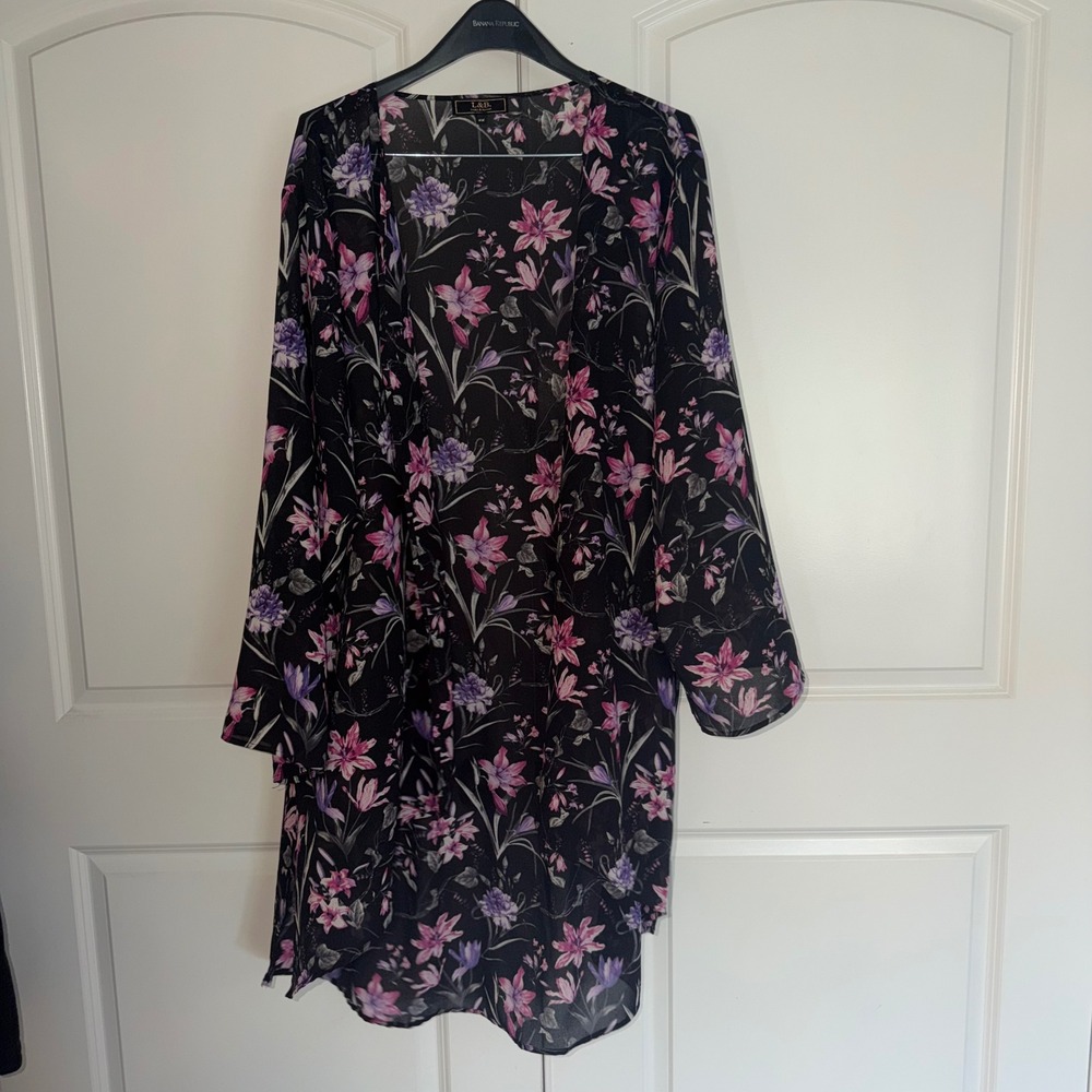 L&B Lucky & Blessed Floral Kimono Cardigan Black Pink Purple Sheer Chiffon 2X